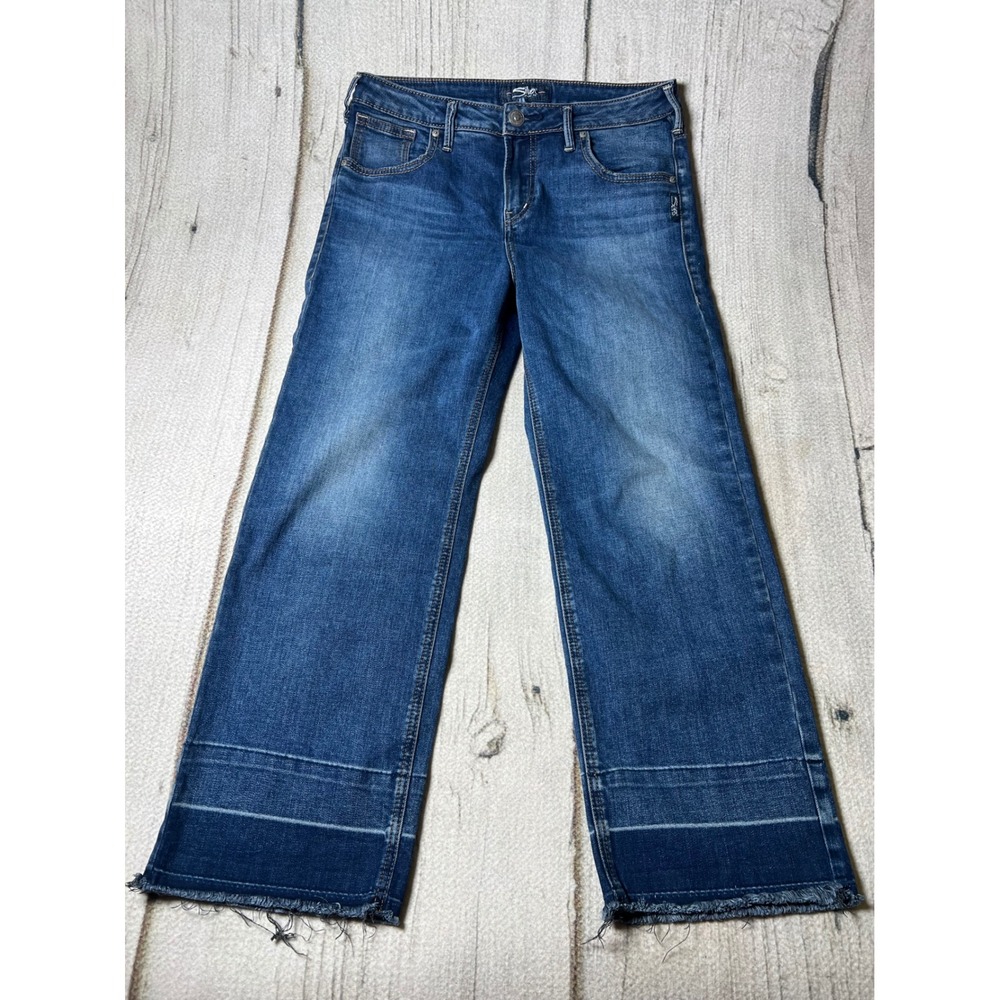 Silver Jeans Co Izzy Wide Leg Crop Jeans Womens W29 Blue Boho Relaxed Raw Hem